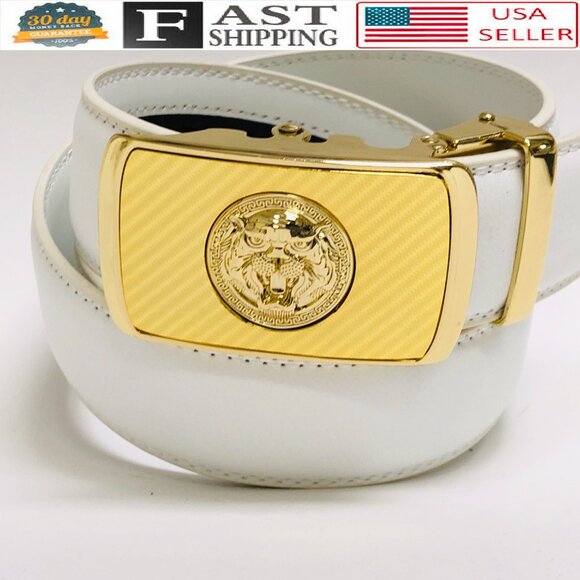 Fashion Leather Gold Slide White Mens Belt AutomaticLion Head Buckle Jeans Dress - Picture 1 of 3